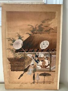 Antique Oriental Japanese Unsigned Watercolor Painting 14 3 4 