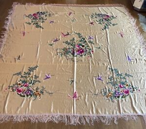 Antique Piano Scarf Shawl Densely Embroidered On Fine Pink Satin Or Silk Large
