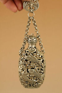 Old Style Silver Handcrafted Hollowed Out Fish Lotus Statue Snuff Bottle Pendant