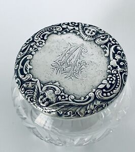 Antique 1900 S Sterling Silver Repousse Cherub Lid Cut Crystal Vanity Power Jar