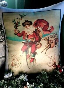 Primitive Victorian Vintage Christmas Santa Bicycle Reindeer Pc Winter Pillow