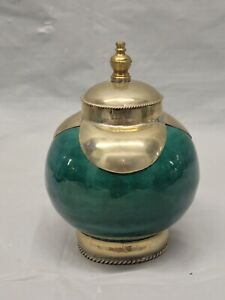 Middle Eastern Green Pottery Pot Silver And Brass Plated 3849