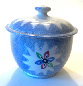 Antique Blue Spatterware Snowflake Covered Sugar Bowl