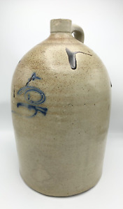 Antique 1800s Salt Glaze Stoneware 5 Gallon Jug W Handle Cobalt Tobacco Spit