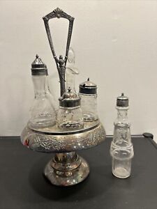 James W Tufts Quadruple Plate Cruet Condiment Holder Lazy Susan 6 Glass Jars Set