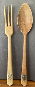 Vintage Sterling Plaque Wooden Serving Fork Spoon Wood Utensils 