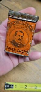 Antique Vintage Medicine Advertising Tin Can Try Moses Celebrated Cough Drops