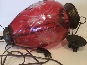 Vintage Ruby Cut Glass Electric Hanging Lamp Pendant Light W Pulley System