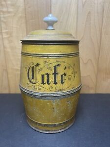 Primitive Antique Mustard Yellow Cafe Coffee Tin Can Porcelain Knob Lid