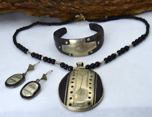 Set Of 3 Pcs Vintage Tuareg Necklace Bracelet Earrings Old Silver Ethnic Jewelry