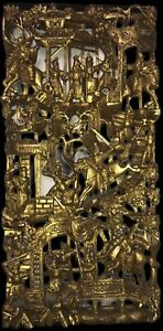 Chinese Carved Gilt Wood Wall Panel Lacquer Gilded Gold Warrior Shield 55 X 25