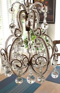 Art Deco Vintage French Petite Crystal Beaded Frame Chandelier Circa 1920s