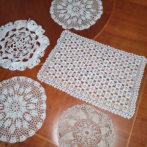 Vintage Crocheted Doilies Set Of 5 Various Sizes Cotton White Ivory Taupe