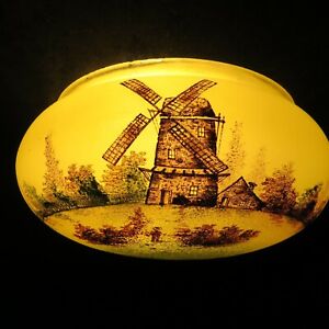 Antique Glass Ceiling Lamp Shade Painted Windmill Church Scene 9 7 8 Inch Fitter
