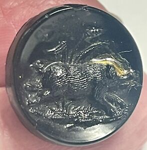 Antique Vintage Black Glass Button Of Running Wild Boar Pig Aprx 11 16 
