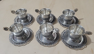 Rare Set Of 6 Cups And Plates 610mmet Russian Silver Plate Filigree Design