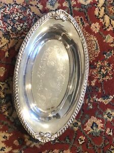 Footed Silver Exlg Open Entree Or Bread Serving Dish Tray Has Fancy Rim Chasing