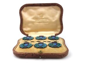 Antique Sterling Silver Enamel Buttons Thistle Head Set Of 6 Cased 1907