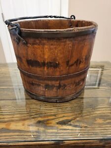 Antique Wood Bucket Hand Forged Twisted Handle Well Water Bucket Rare