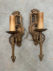 Pair Of Antique Crested 1920 S Artkast Electric Wall Sconces