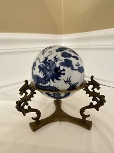 Vintage Brass Dragon Stand W Chinoiserie Dragon Blue And White Rug Ball