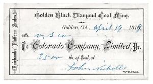 1879 Receipt Black Diamond Coal Mine Golden Colorado
