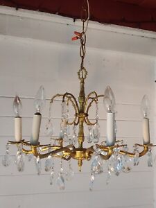 Antique Classic Golden Brass Spanish Chandelier Ornate 6 Arm Lots Of Prisms