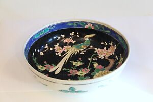 Antique Japanese Porcelain Nippon Showa Bowl Centerpiece Famille Noir 8 1 2 Dia