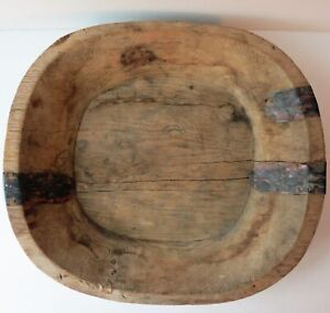 Antique Hand Hewn Wooden Dough Bowl Trencher W Make Do Repairs