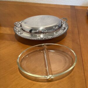 Vtg Epca Bristol Silver Plated 3pc Covered Oval Serving Dish Glasbake Usa Insert