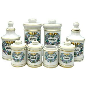 Antique Porcelain Apothecary Medicine Jars Set 8 Astringent Salts Cologne Gauze