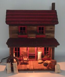 Primitive Large Heavy Wooden Metal Roof Lighted Farm House W Decorative Pieces
