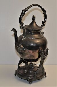 Antique Silver On Copper Teapot On Tilting Stand With A Burner Made In England 