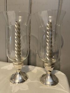 Pair Of Vintage Duchin Sterling Candlesticks Hurricane Lamps Inserts Candles