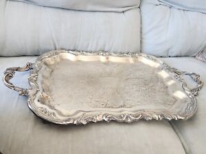 1 Fb Rogers Silverplated Footed Etched Serving Tray 25x14 With Handles