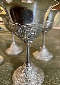 Silver Stem Goblets Cup Wine Vtg Antique Set 4 Gothic Rare Cross Mark Back
