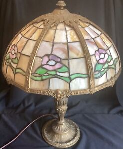Unusual Antique Leaded Glass Table Lamp With Art Deco Lady Heads Handel B H Or 