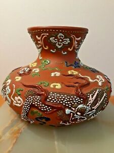 Nice Vintage Chinese Yixing Pottery Vase High Relief Enamel Dragon