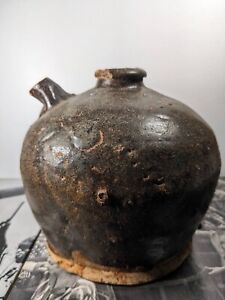  Damaged Antique Ceramic Chinese Soy Sauce Pot 5 Inches Tall Brown Glaze