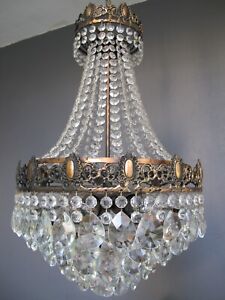 Antique Vintage French Crystal Chandelier Ceiling Lamp Lighting 1950s