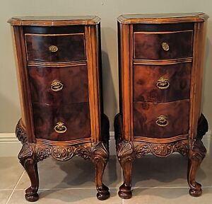 Pair Of Highly Carved C 1900 Burl Walnut Nightstands Curved Sides