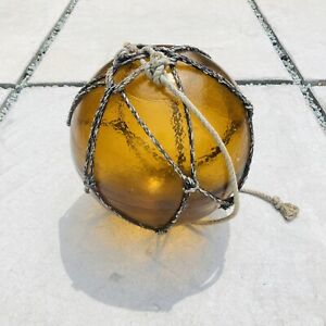 Vintage Japanese Large Glass Fishing Float Buoy Ball Roped Net Amber 14 In