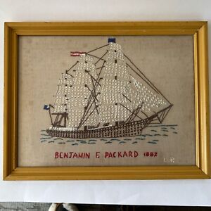Folk Art Needlework Cross Stitch Ship Boat Framed Initialed