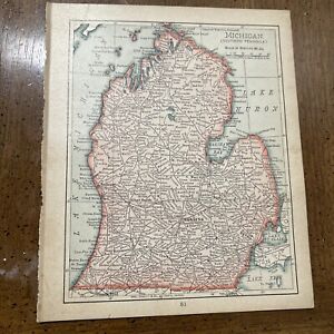 Rand Mcnally Co Antique 1904 Map Of Michigan Southern Peninsula 7x6 Inches