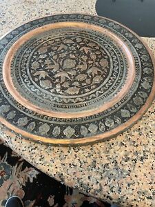 Copper Scalloped Tray Vintage Antique Persian Heavily Etched Tin High Quality