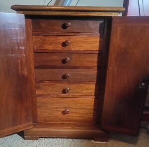 Vintage Walnut Wellington Style Miniature Chest Of Drawers With 2 Folding Doors