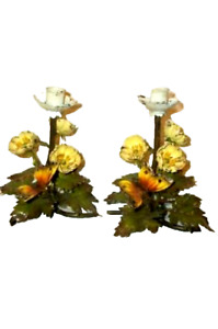 Italian Tole Flowers Butterfly Candle Holders Lamp Bases Primrose Chippy 1930s