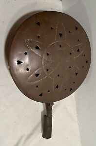 Antique Copper Bed Warmer Warming Pan Heart Star Punched Flower Design