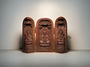 Antique Three Open Box Taoist Sanqing Saints Collect Wooden Carving Feng Shui