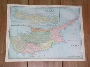 1901 Original Antique Map Of Cyprus Crete Candia Greece